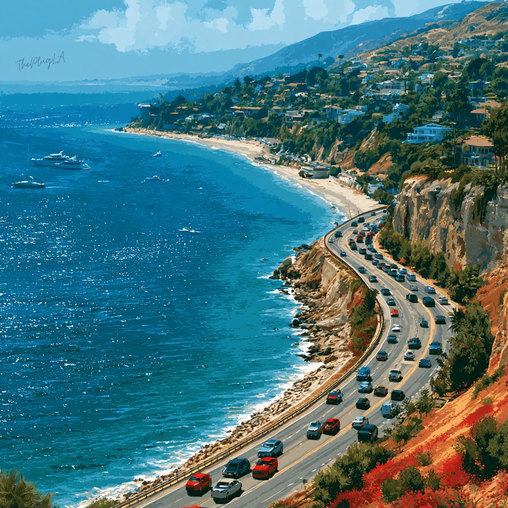 Pacific Coast Highway curving along the Malibu coastline